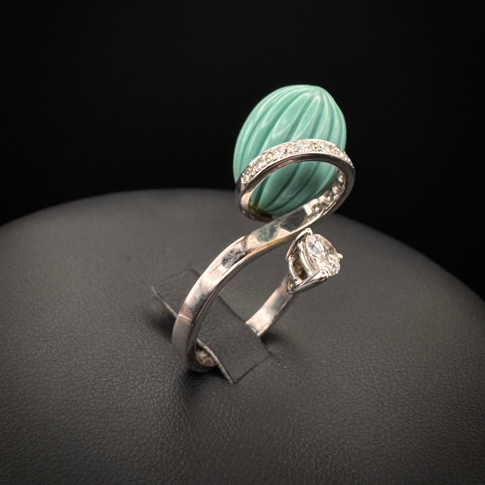 Vintage 1970s "Swing" Carved Turquoise Bead & Diamonds Ring
