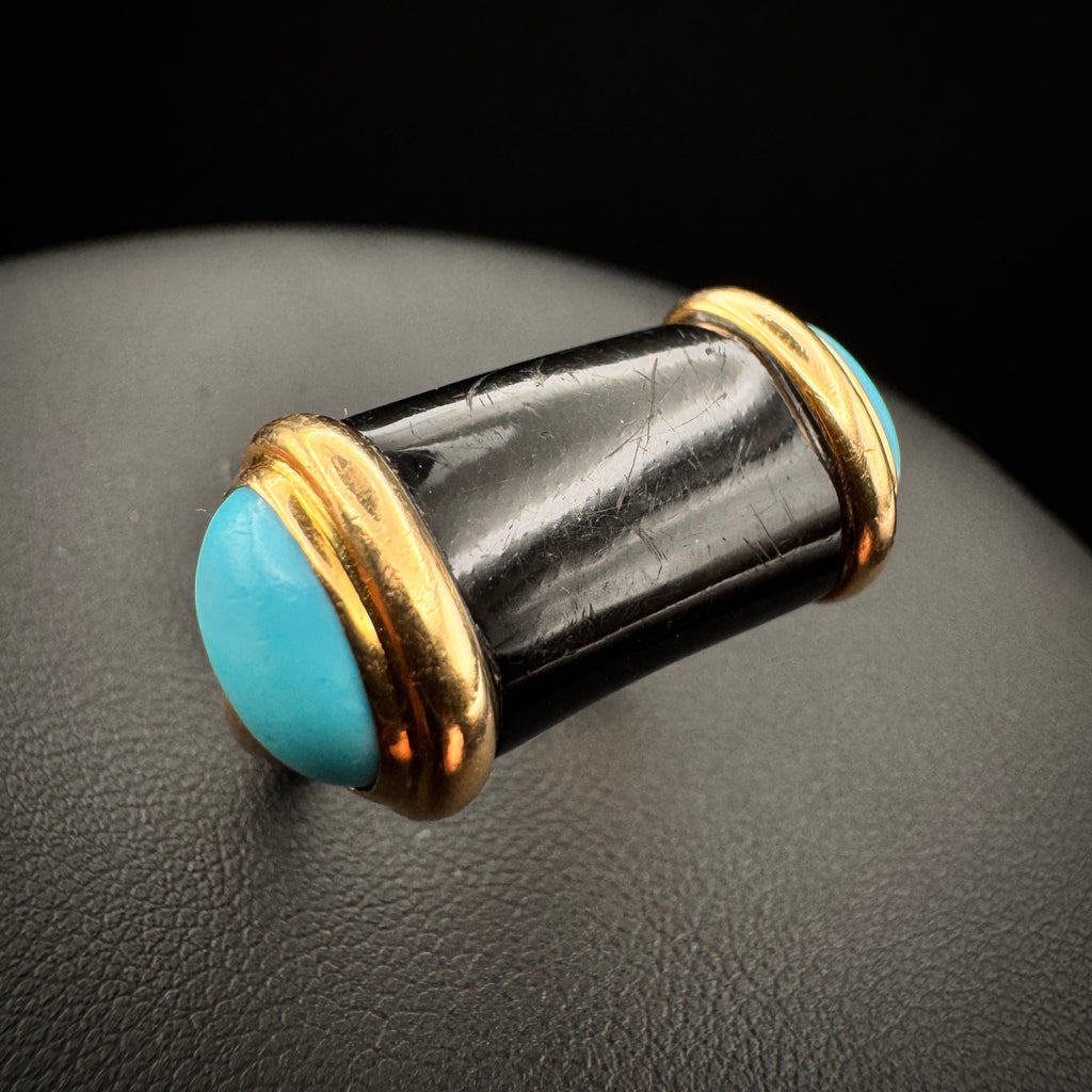 Vintage 1970s French "Bar" Turqouise & Gagate Gold Ring