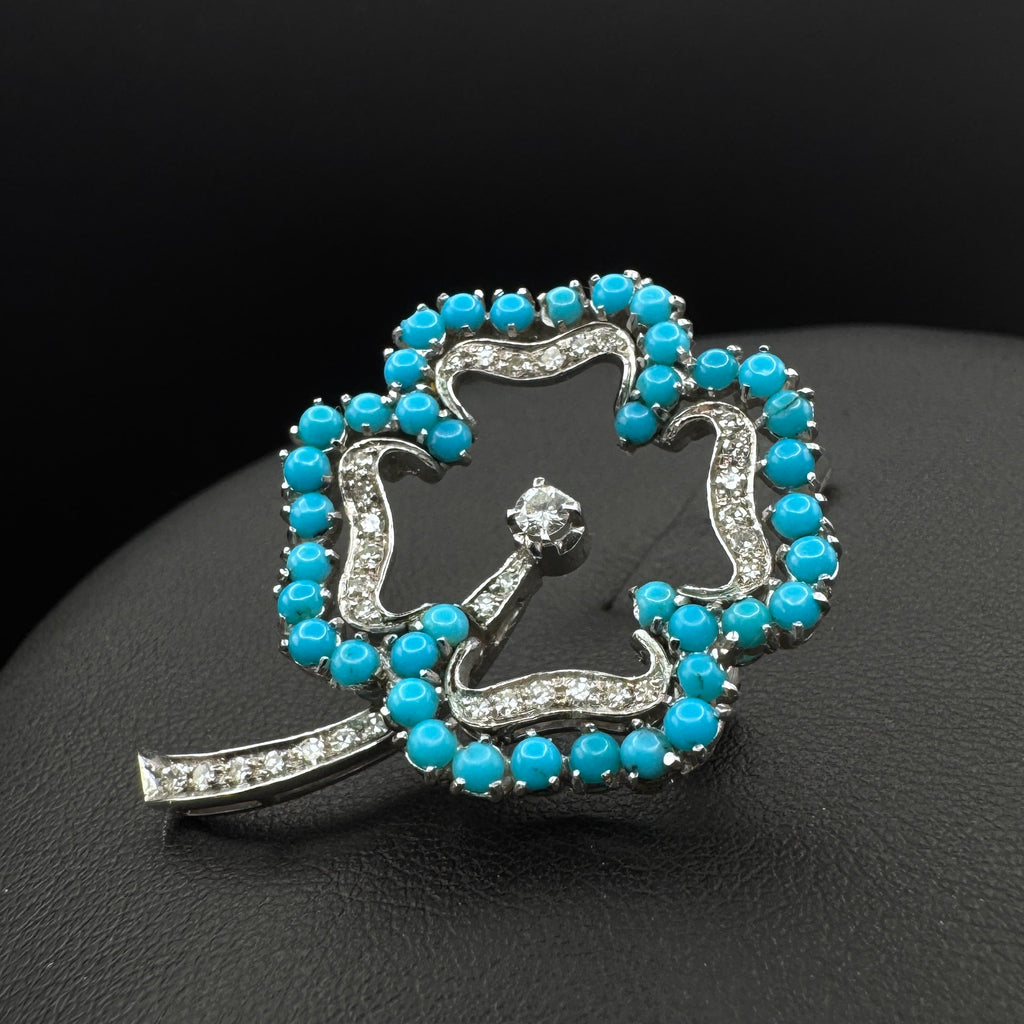 Vintage 1970s “Clover“ Turquoise & Diamond White Gold Broochh