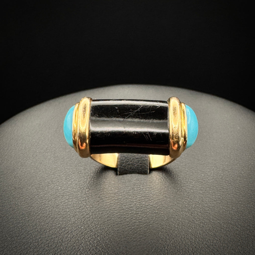 Vintage 1970s French "Bar" Turqouise & Gagate Gold Ring