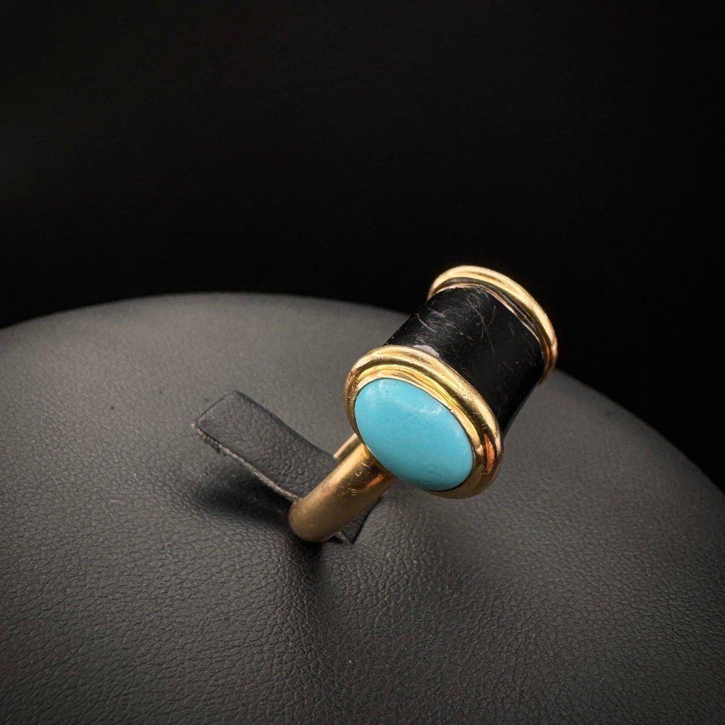 Vintage 1970s French "Bar" Turqouise & Gagate Gold Ring