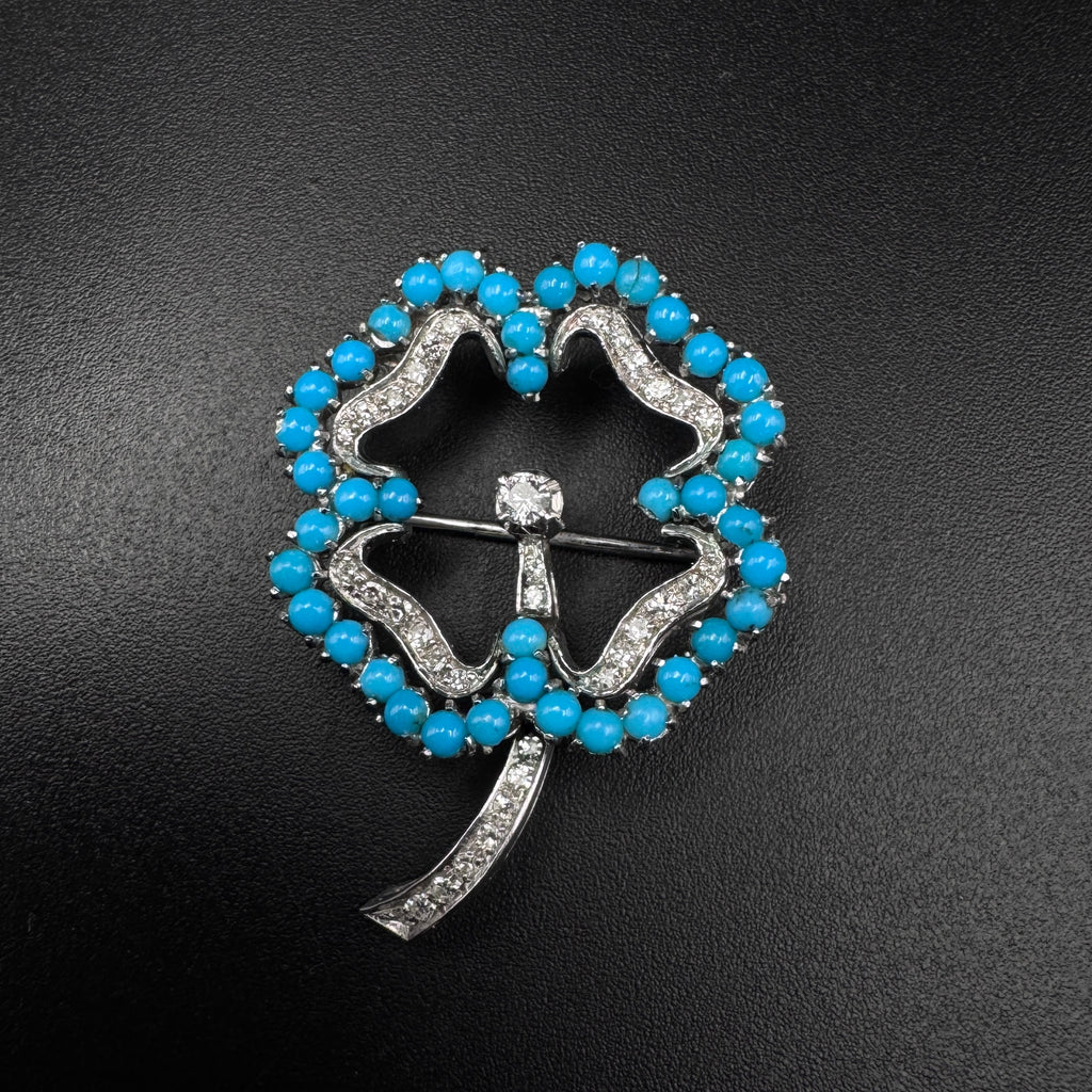 Vintage 1970s “Clover“ Turquoise & Diamond White Gold Broochh
