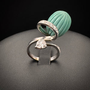 Vintage 1970s "Swing" Carved Turquoise Bead & Diamonds Ring