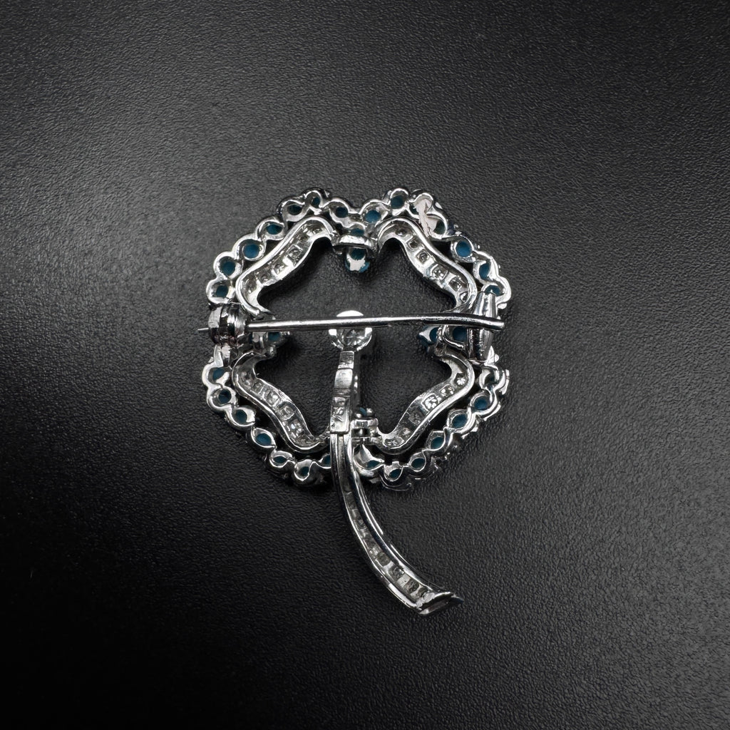 Vintage 1970s “Clover“ Turquoise & Diamond White Gold Broochh