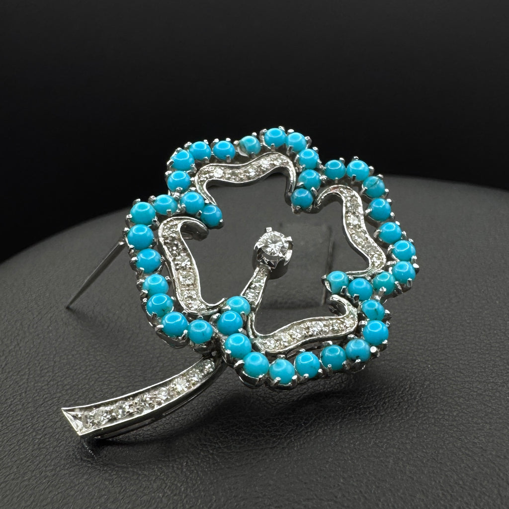 Vintage 1970s “Clover“ Turquoise & Diamond White Gold Broochh