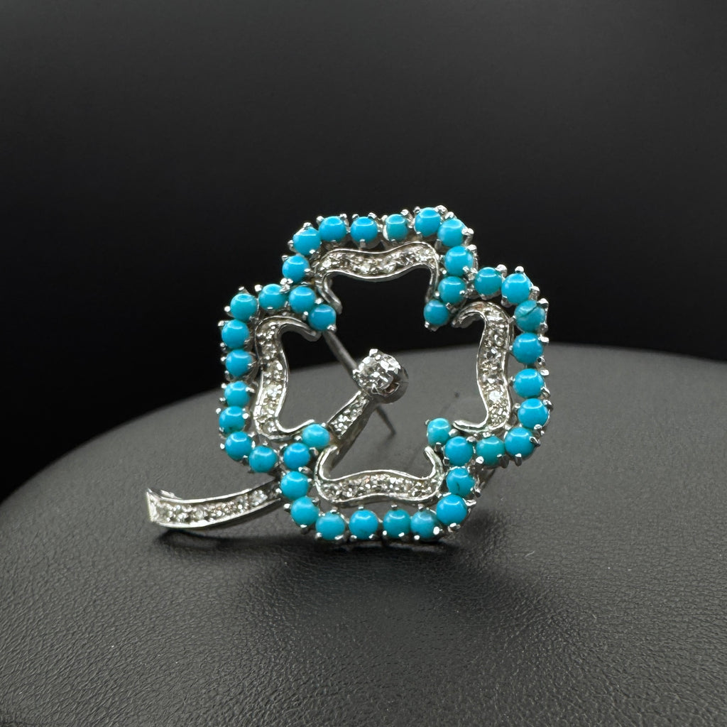 Vintage 1970s “Clover“ Turquoise & Diamond White Gold Broochh