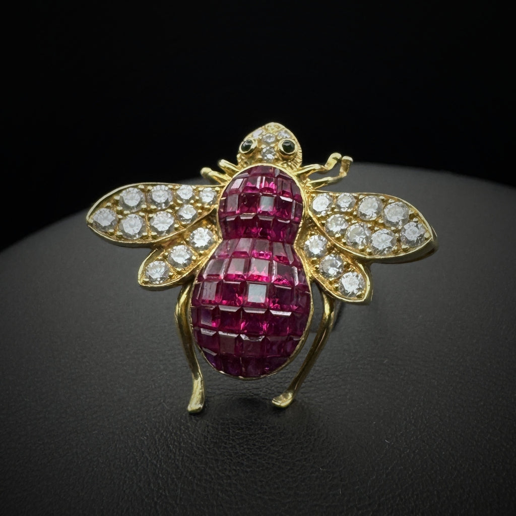 Vintage "Bee" Invisible Set Rubies & Diamonds Gold Brooch