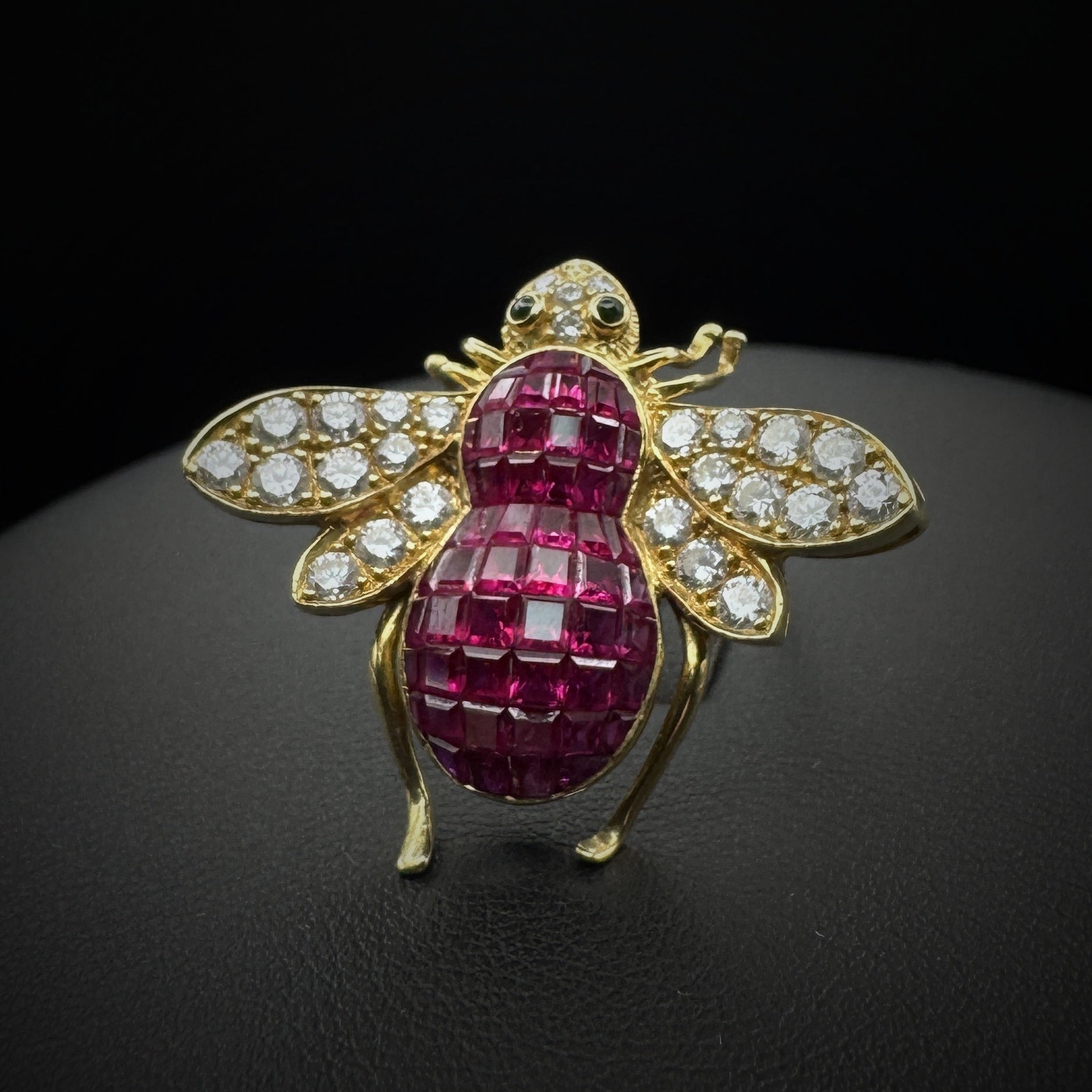 Vintage "Bee" Invisible Set Rubies & Diamonds Gold Brooch