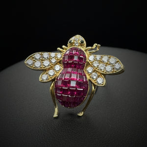 Vintage "Bee" Invisible Set Rubies & Diamonds Gold Brooch