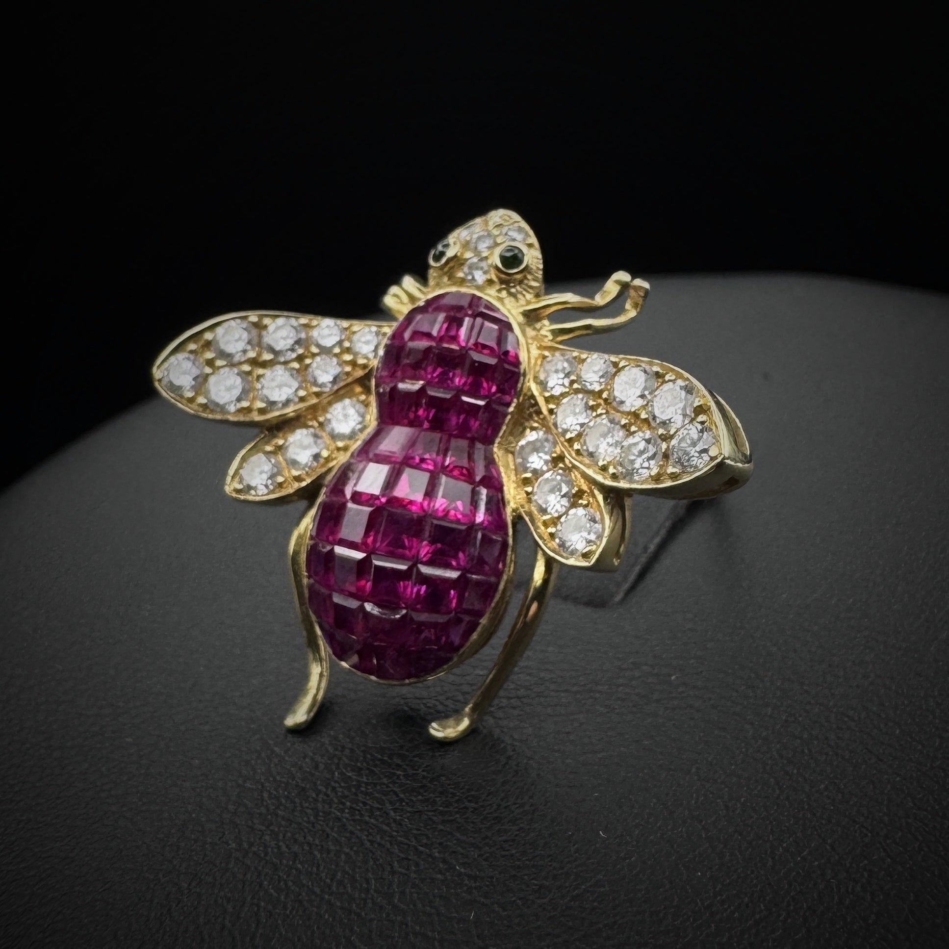 Vintage "Bee" Invisible Set Rubies & Diamonds Gold Brooch