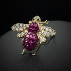Vintage "Bee" Invisible Set Rubies & Diamonds Gold Brooch