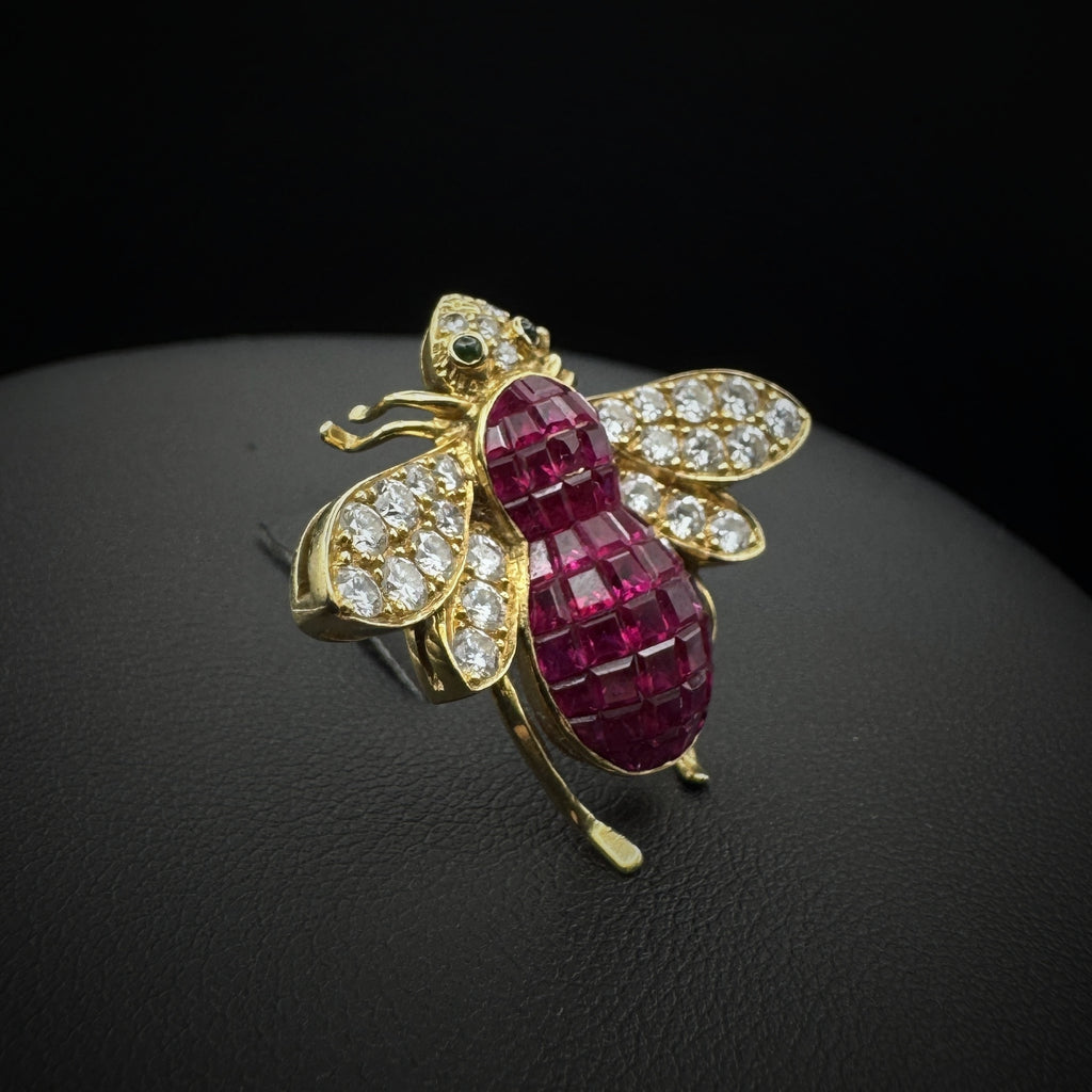 Vintage "Bee" Invisible Set Rubies & Diamonds Gold Brooch