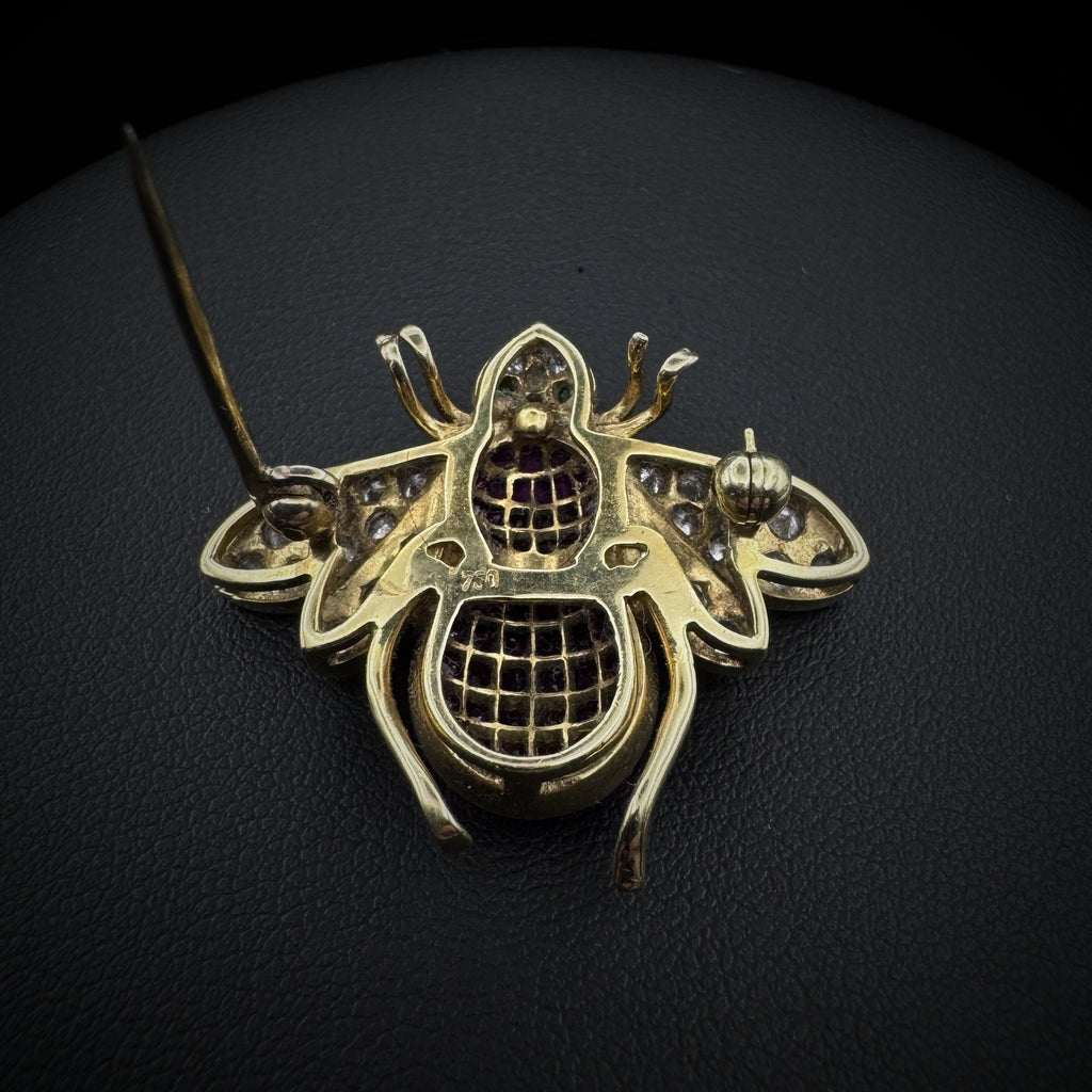 Vintage "Bee" Invisible Set Rubies & Diamonds Gold Brooch
