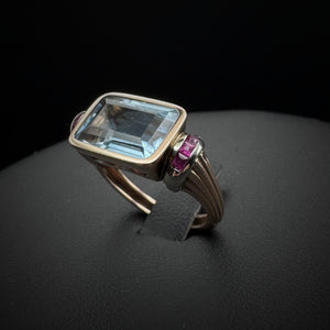 Retro Era Aquamarine & Rubies Rose Gold Ring