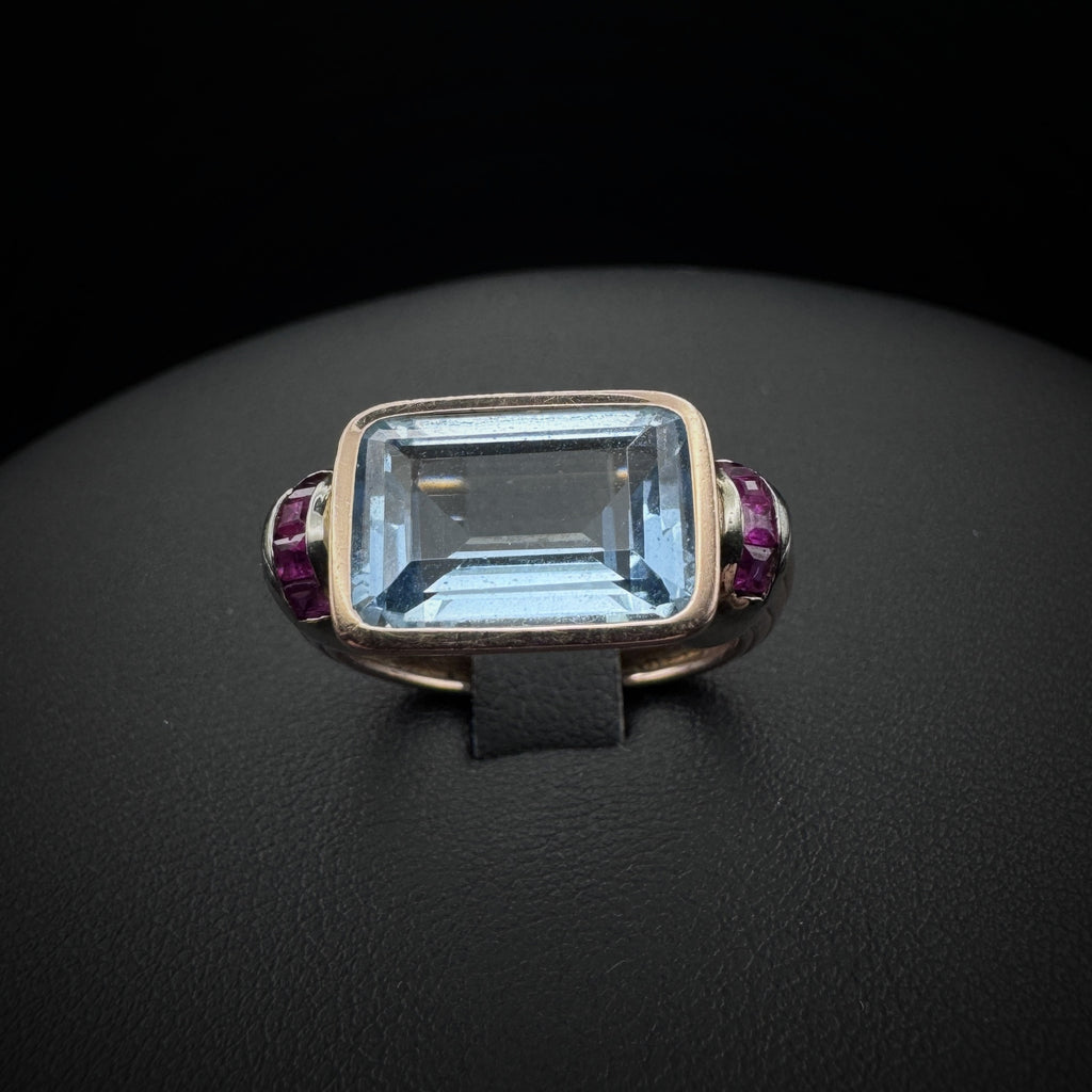 Retro Era Aquamarine & Rubies Rose Gold Ring
