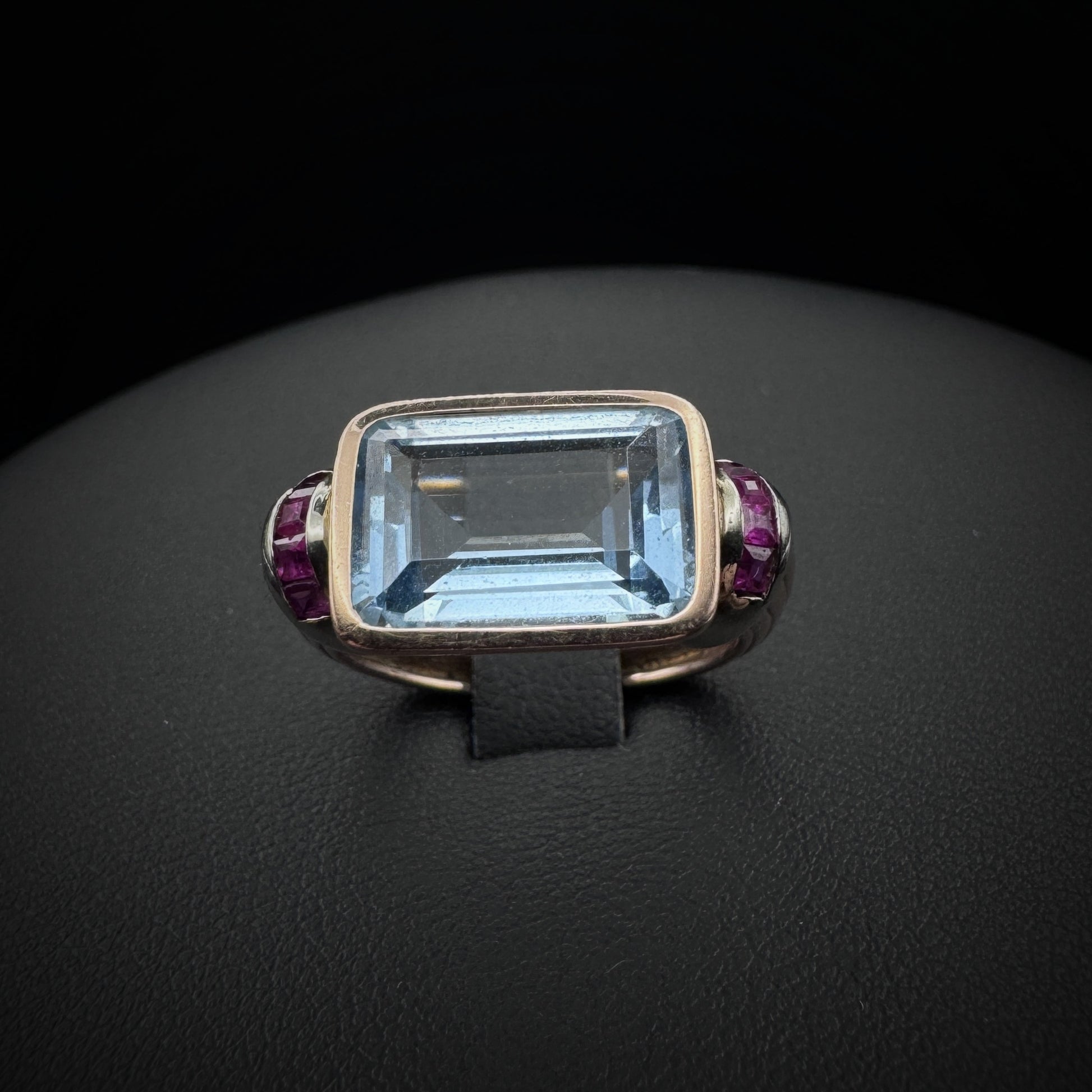 Retro Era Aquamarine & Rubies Rose Gold Ring
