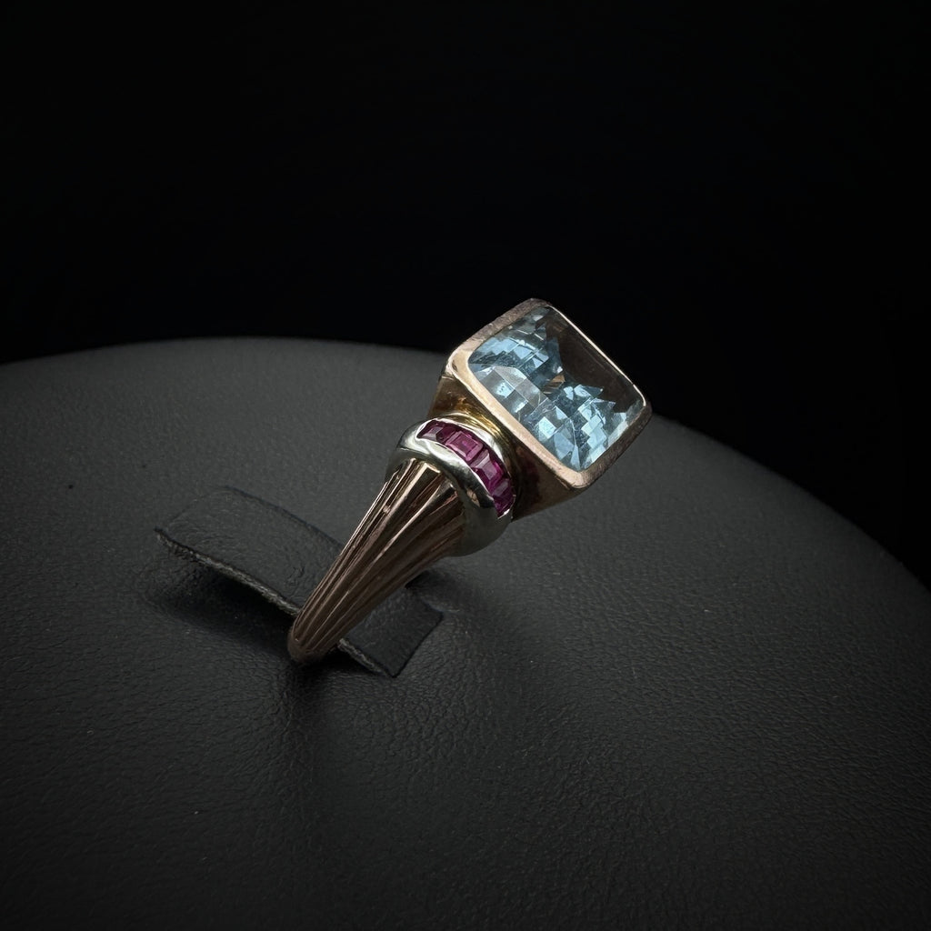 Retro Era Aquamarine & Rubies Rose Gold Ring