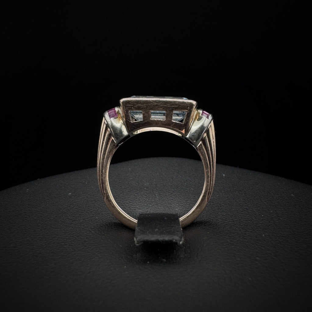 Retro Era Aquamarine & Rubies Rose Gold Ring