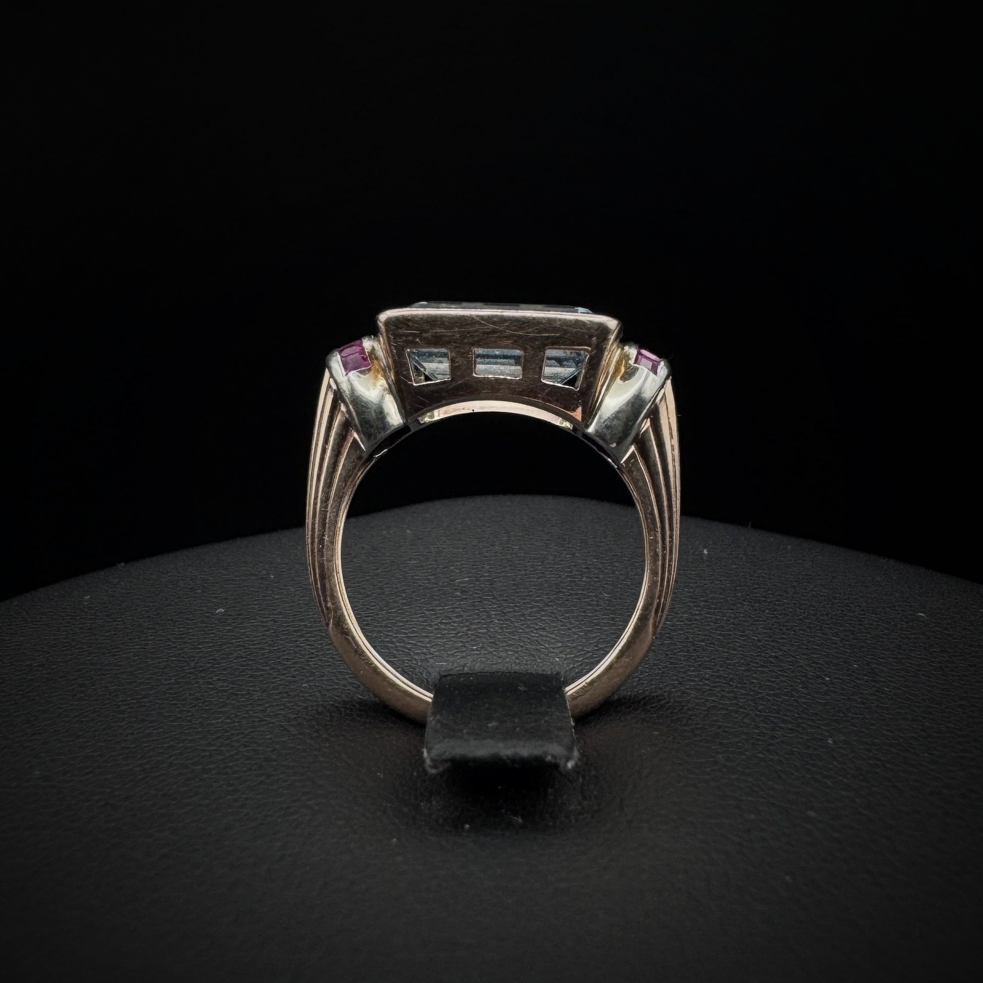 Retro Era Aquamarine & Rubies Rose Gold Ring