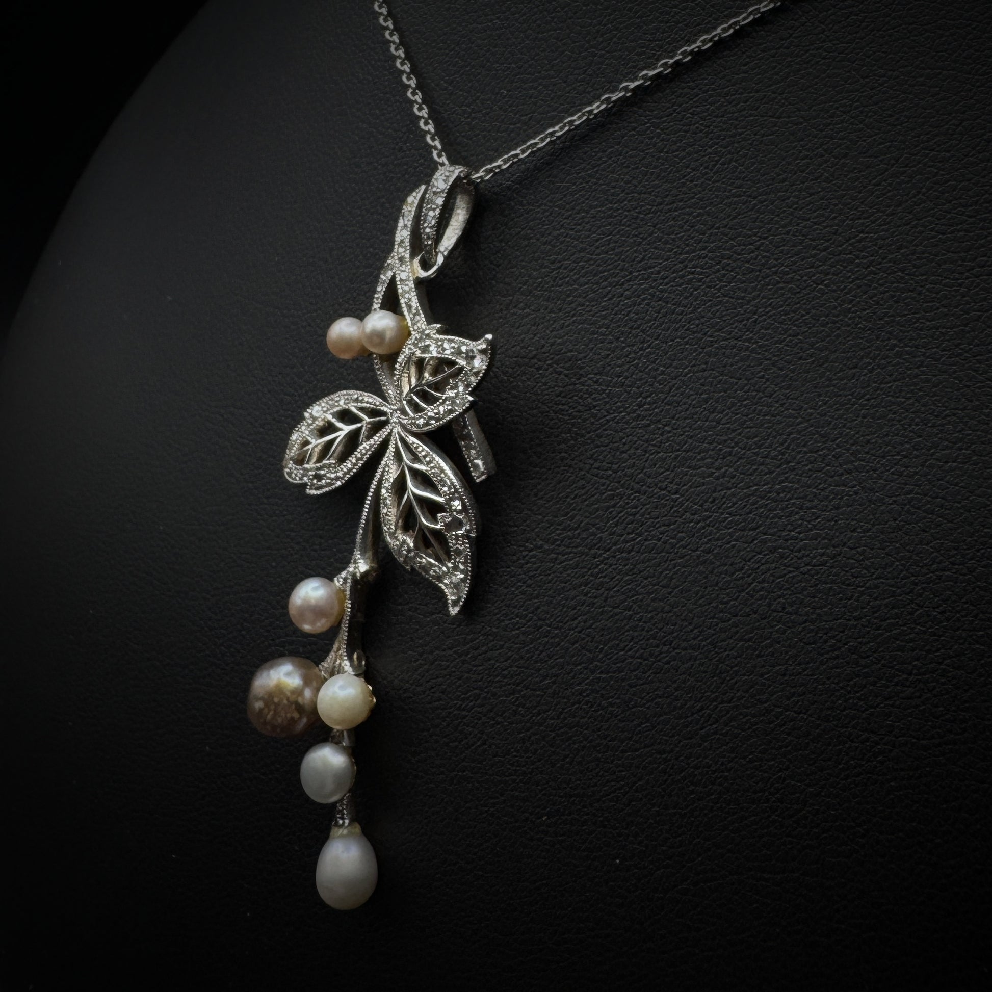 Art Nouveau "Flower" Pearl & Diamonds Platinum & Gold Pendant