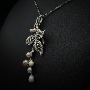 Art Nouveau "Flower" Pearl & Diamonds Platinum & Gold Pendant