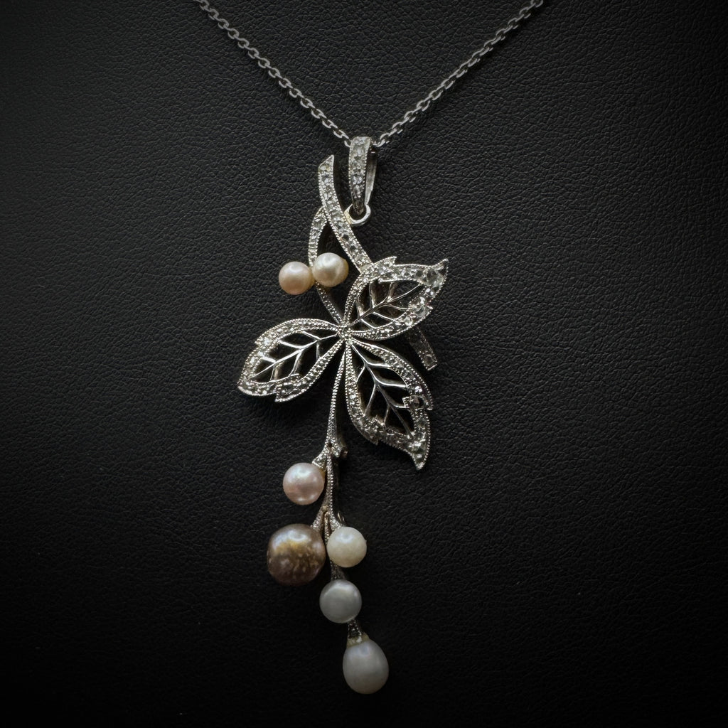 Art Nouveau "Flower" Pearl & Diamonds Platinum & Gold Pendant