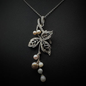 Art Nouveau "Flower" Pearl & Diamonds Platinum & Gold Pendant