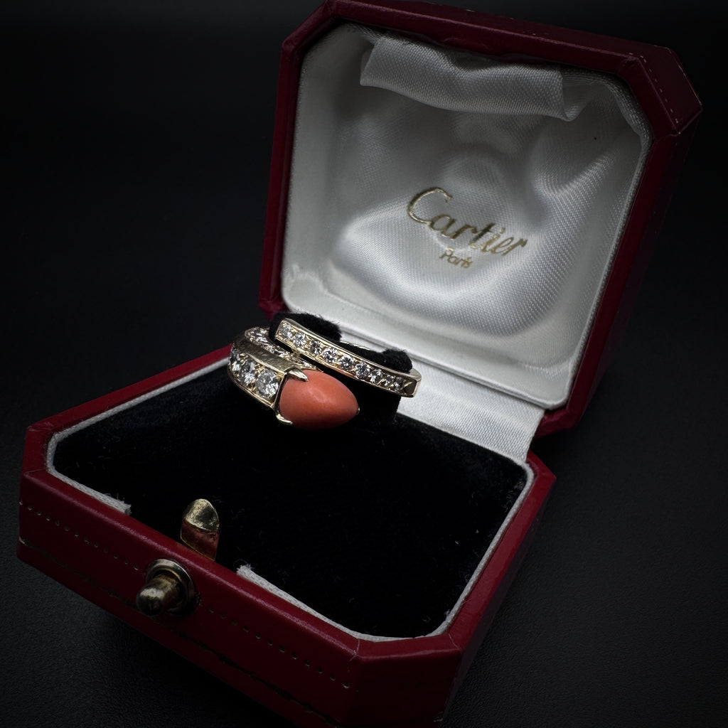 Cartier Paris 1970s "Snake" Coral & Diamonds Gold Ring