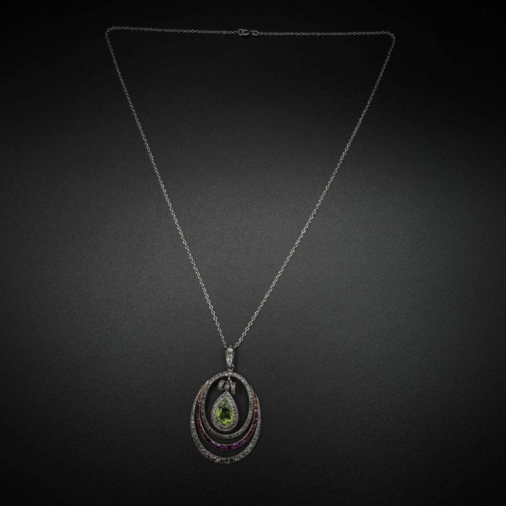 Art Nouveau "Suffragettes" Peridot/Ruby/Diamond Platinum Necklace