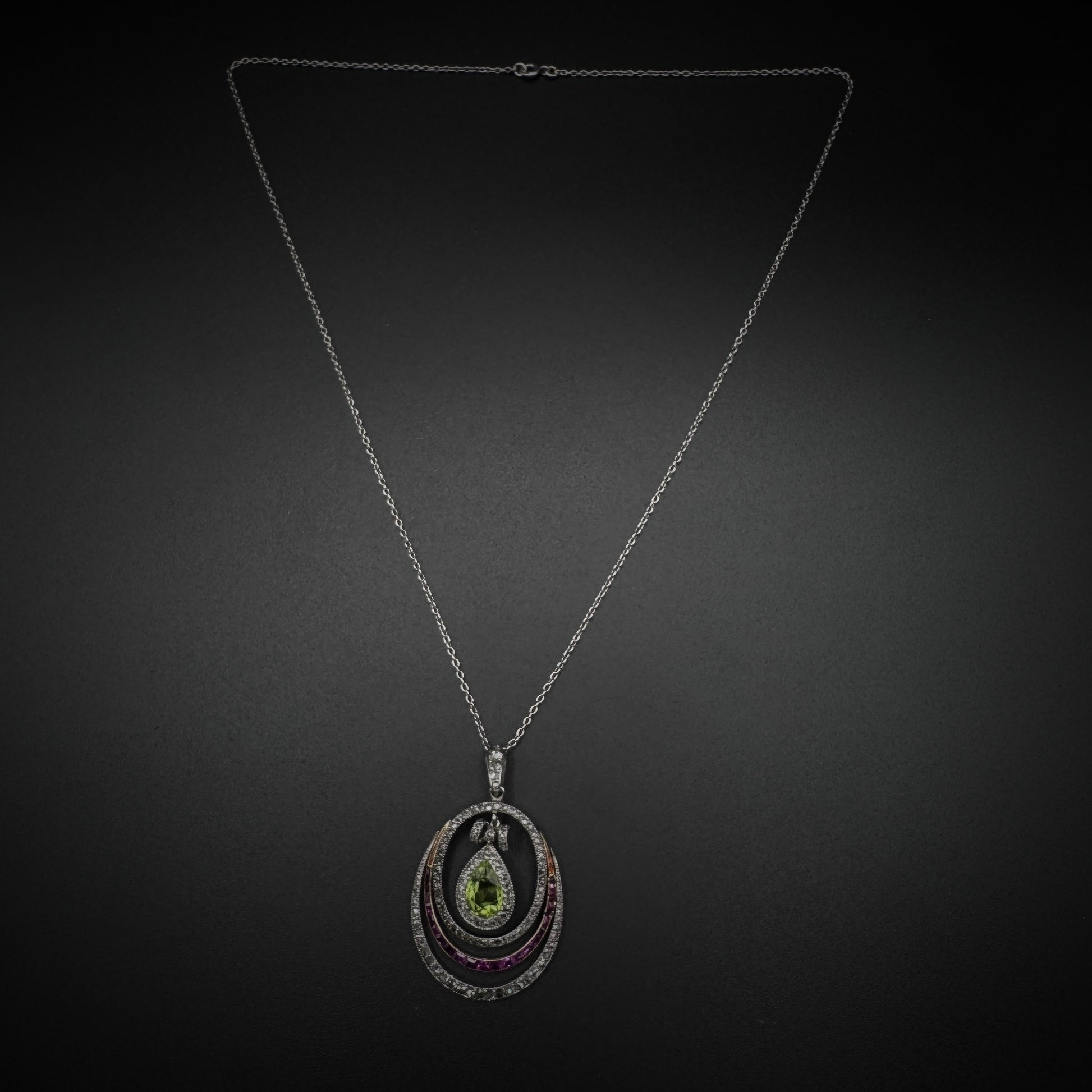 Art Nouveau "Suffragettes" Peridot/Ruby/Diamond Platinum Necklace