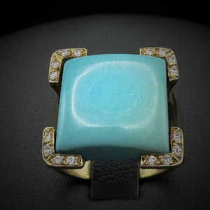 Vintage "Square" Turquoise & Diamonds Gold Ring