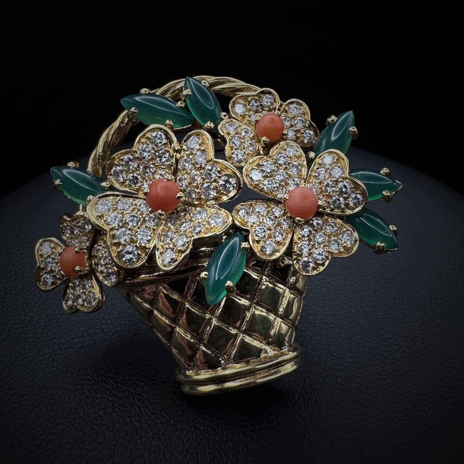 Van Cleef & Arpels 1960s "Fower Basket" Coral/Chrysoprase & Diamonds Brooch