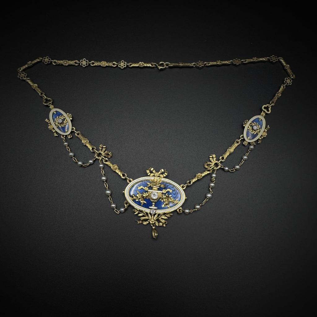 Lucien Gautrait Art Nouveau Enamel/Pearls & Diamonds Necklace