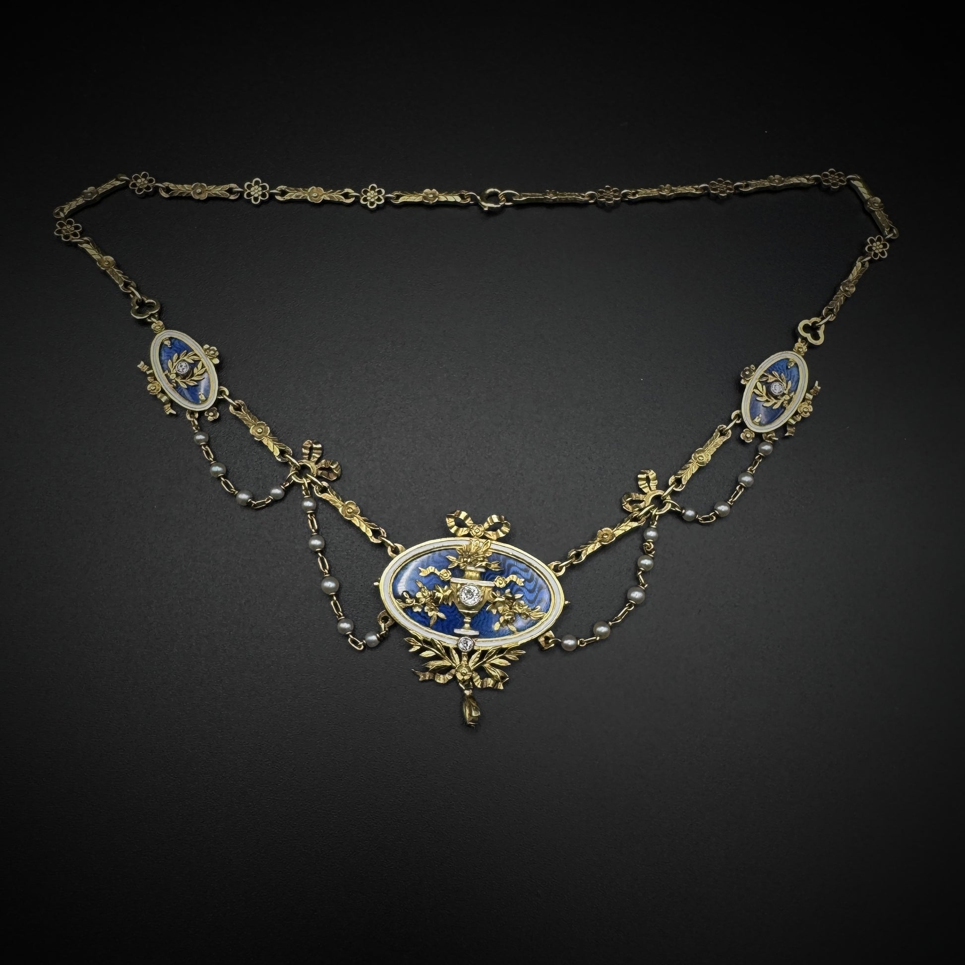 Lucien Gautrait Art Nouveau Enamel/Pearls & Diamonds Necklace
