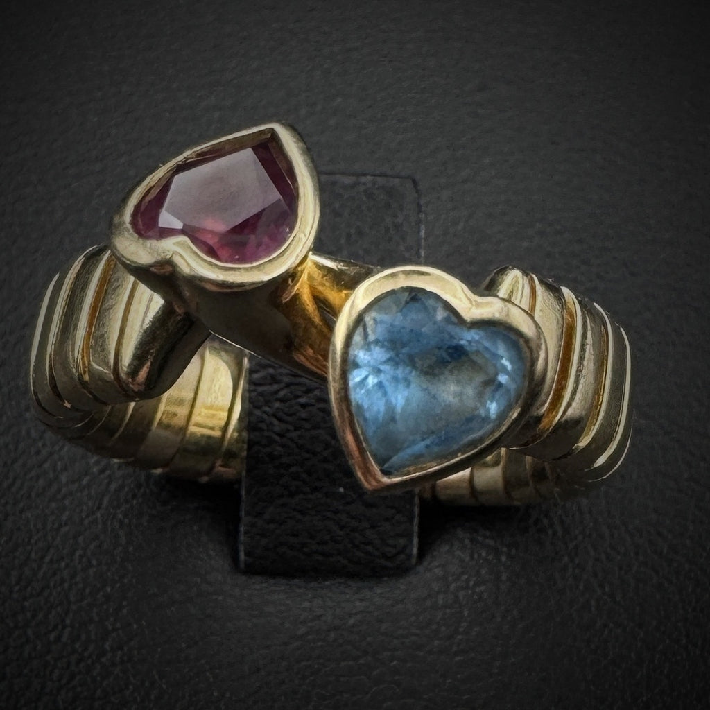 Bulgari "Doppio Cuore" Blue Topas & Red Tourmaline Tubogas Ring