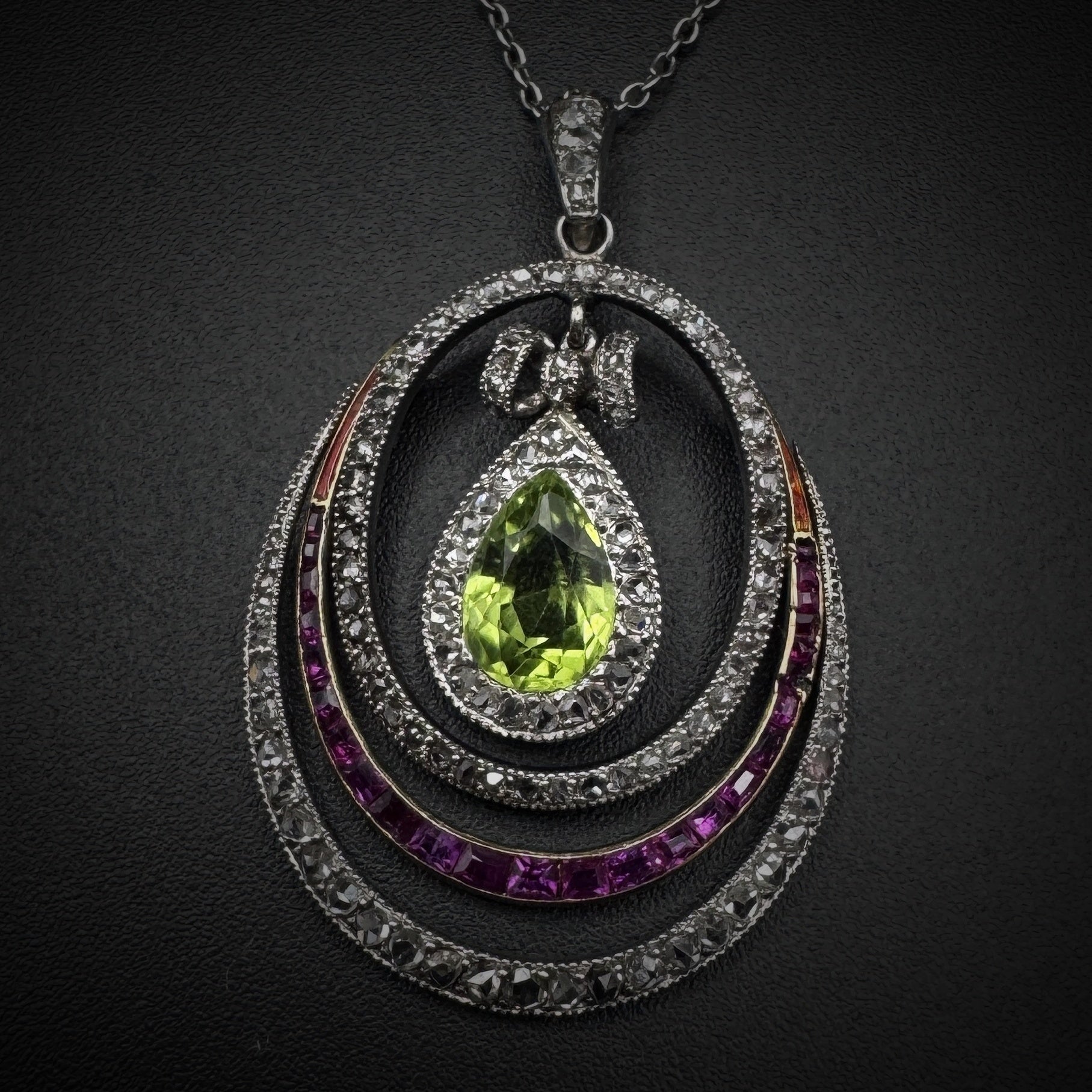 Art Nouveau "Suffragettes" Peridot/Ruby/Diamond Platinum Necklace