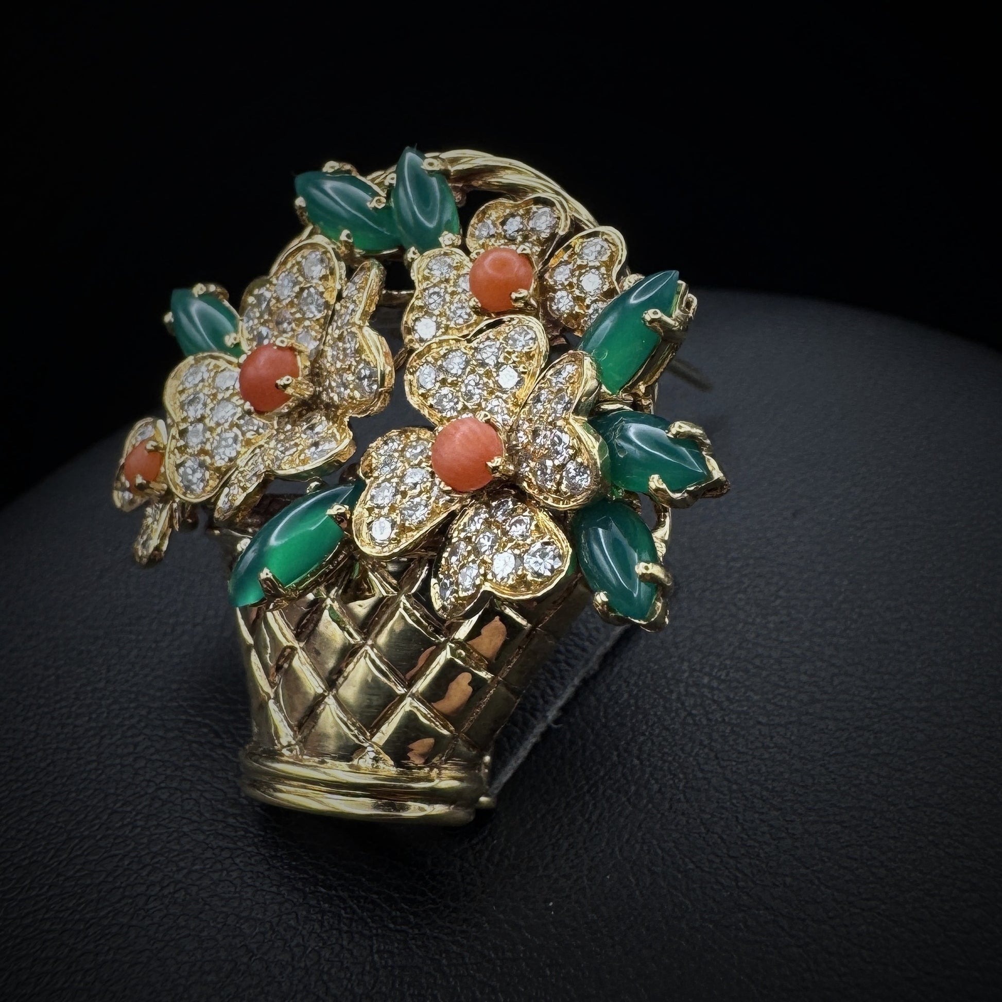 Van Cleef & Arpels 1960s "Fower Basket" Coral/Chrysoprase & Diamonds Brooch