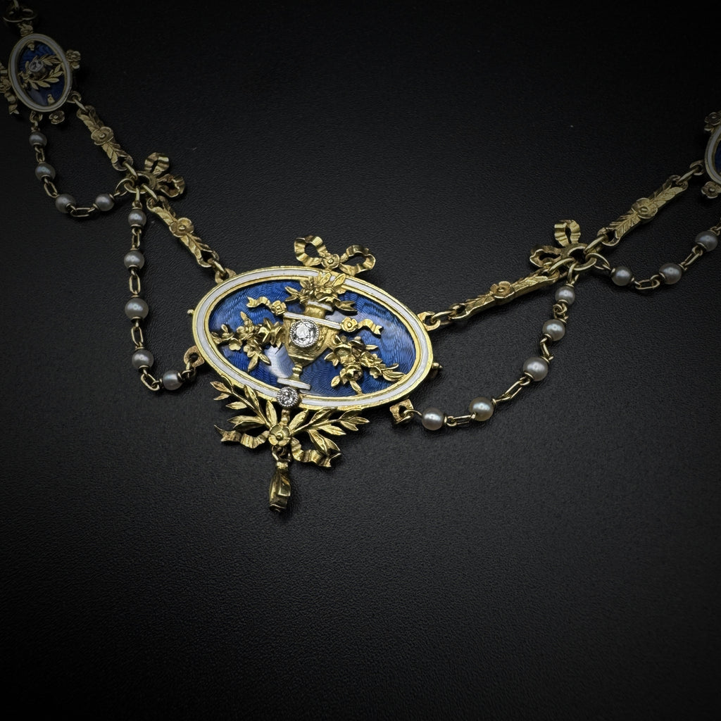 Lucien Gautrait Art Nouveau Enamel/Pearls & Diamonds Necklace