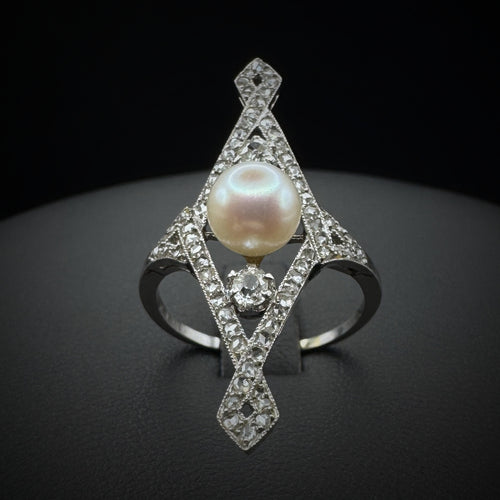 Art Deco French Abstract Pearl & Diamonds Platinum Ring