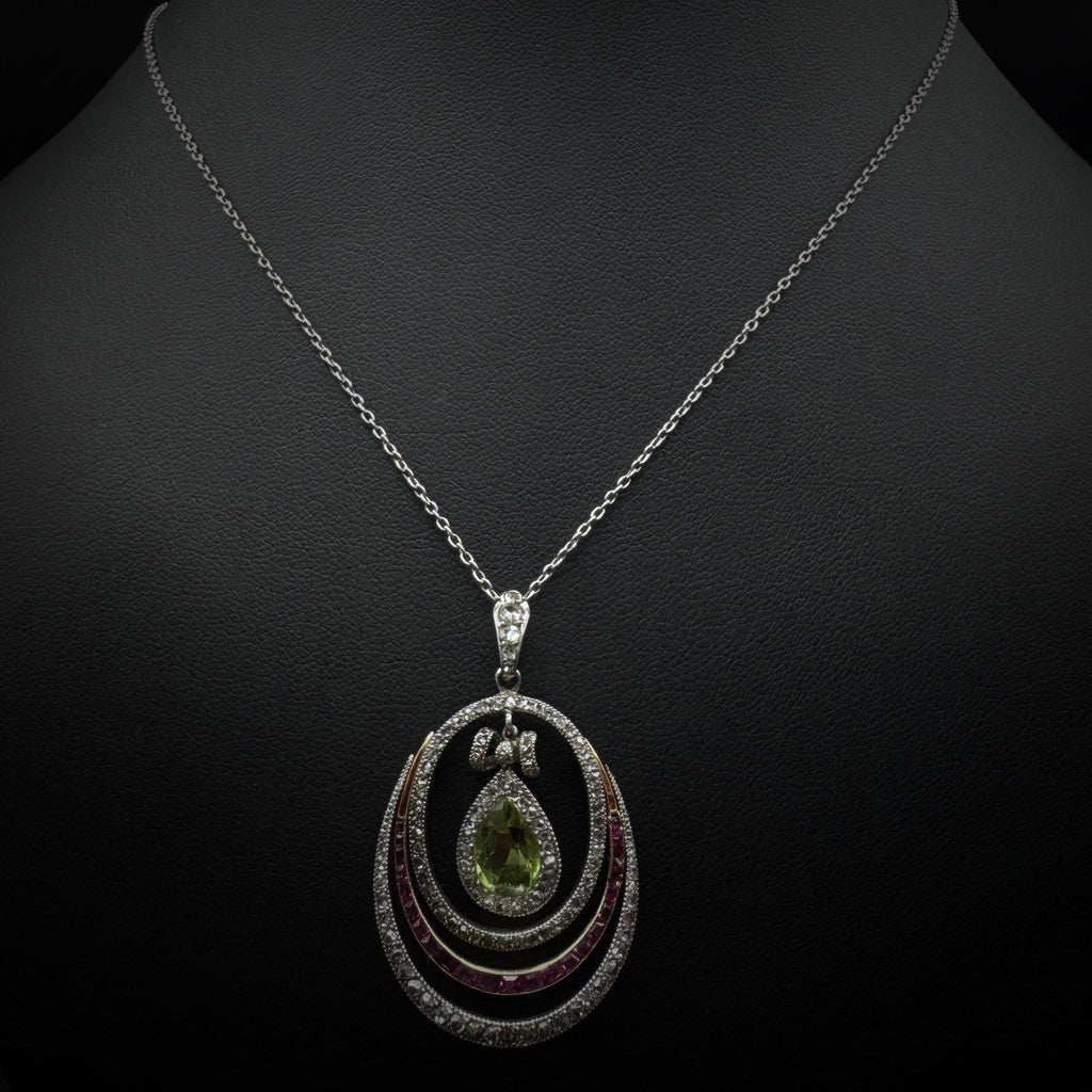 Art Nouveau "Suffragettes" Peridot/Ruby/Diamond Platinum Necklace