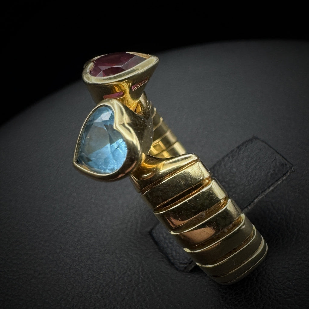 Bulgari "Doppio Cuore" Blue Topas & Red Tourmaline Tubogas Ring