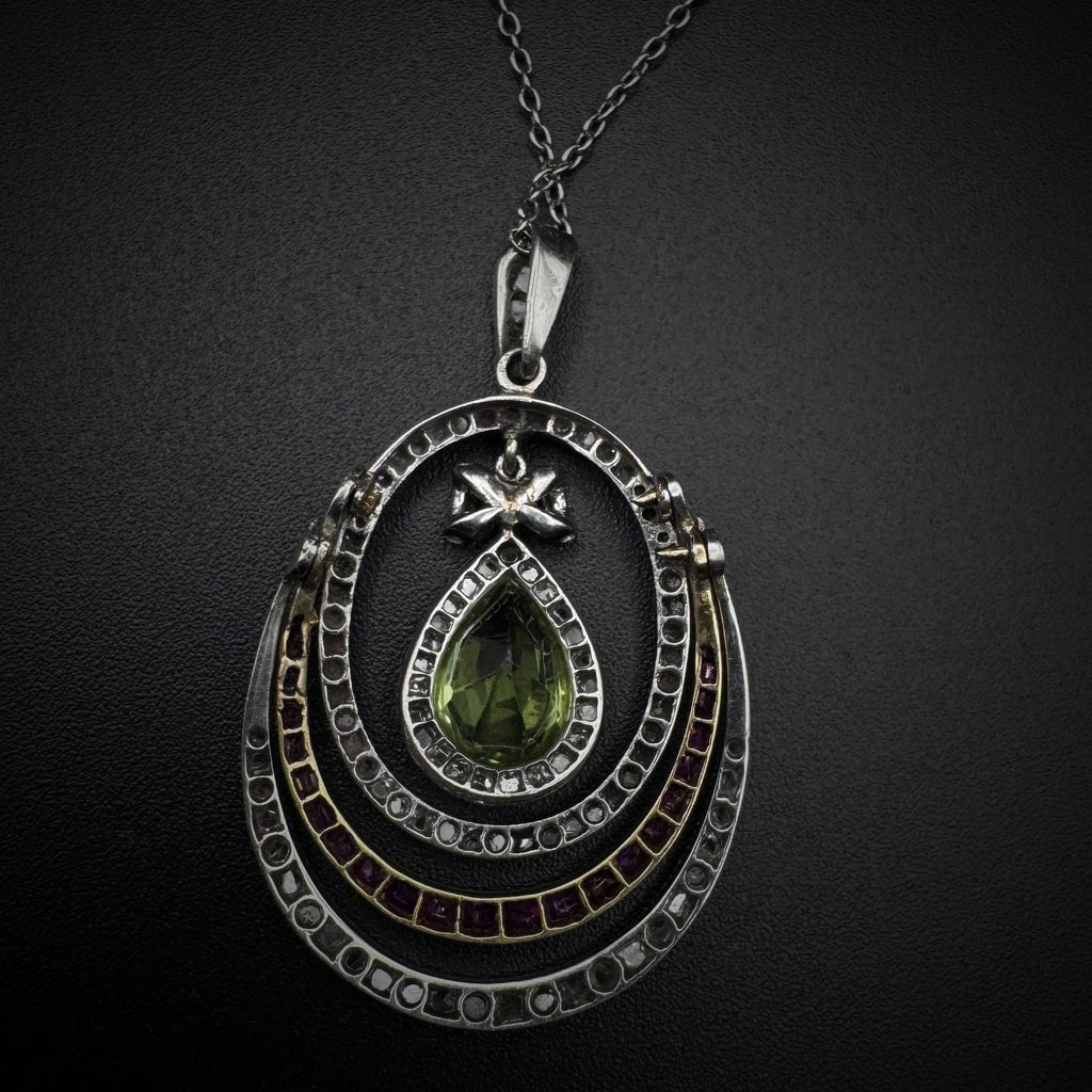 Art Nouveau "Suffragettes" Peridot/Ruby/Diamond Platinum Necklace