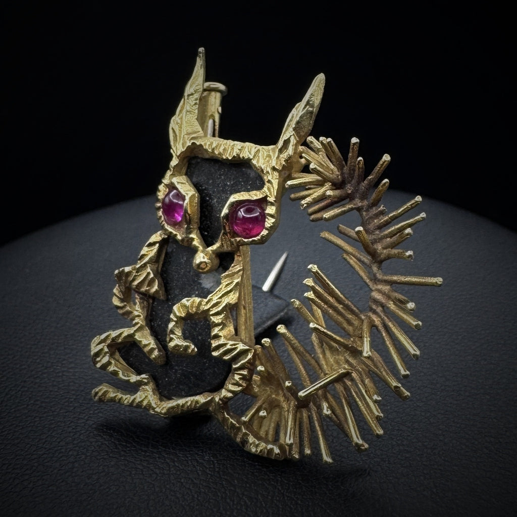 Gübelin "Squirrel" Snowflake Obsidian & Rubies Gold Brooch