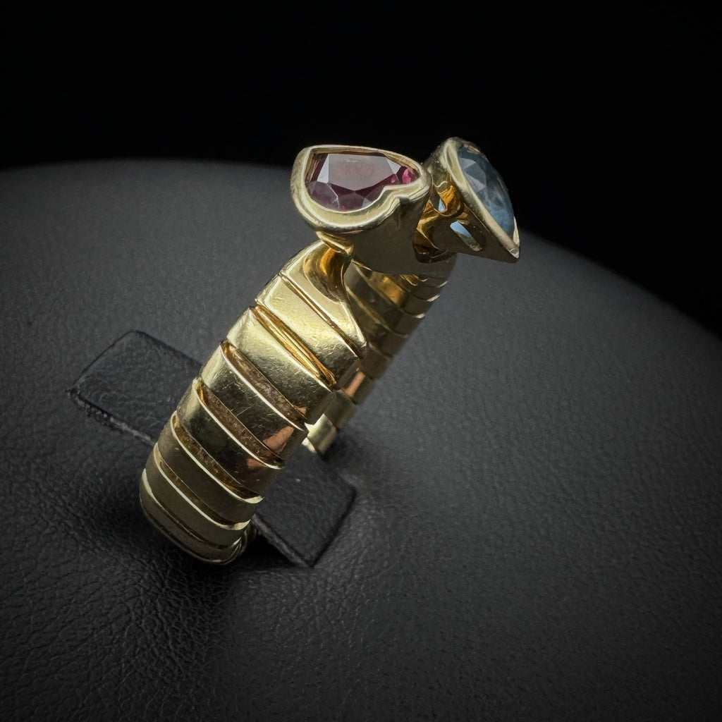 Bulgari "Doppio Cuore" Blue Topas & Red Tourmaline Tubogas Ring