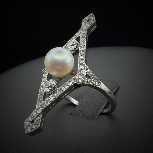 Art Deco French Abstract Pearl & Diamonds Platinum Ring