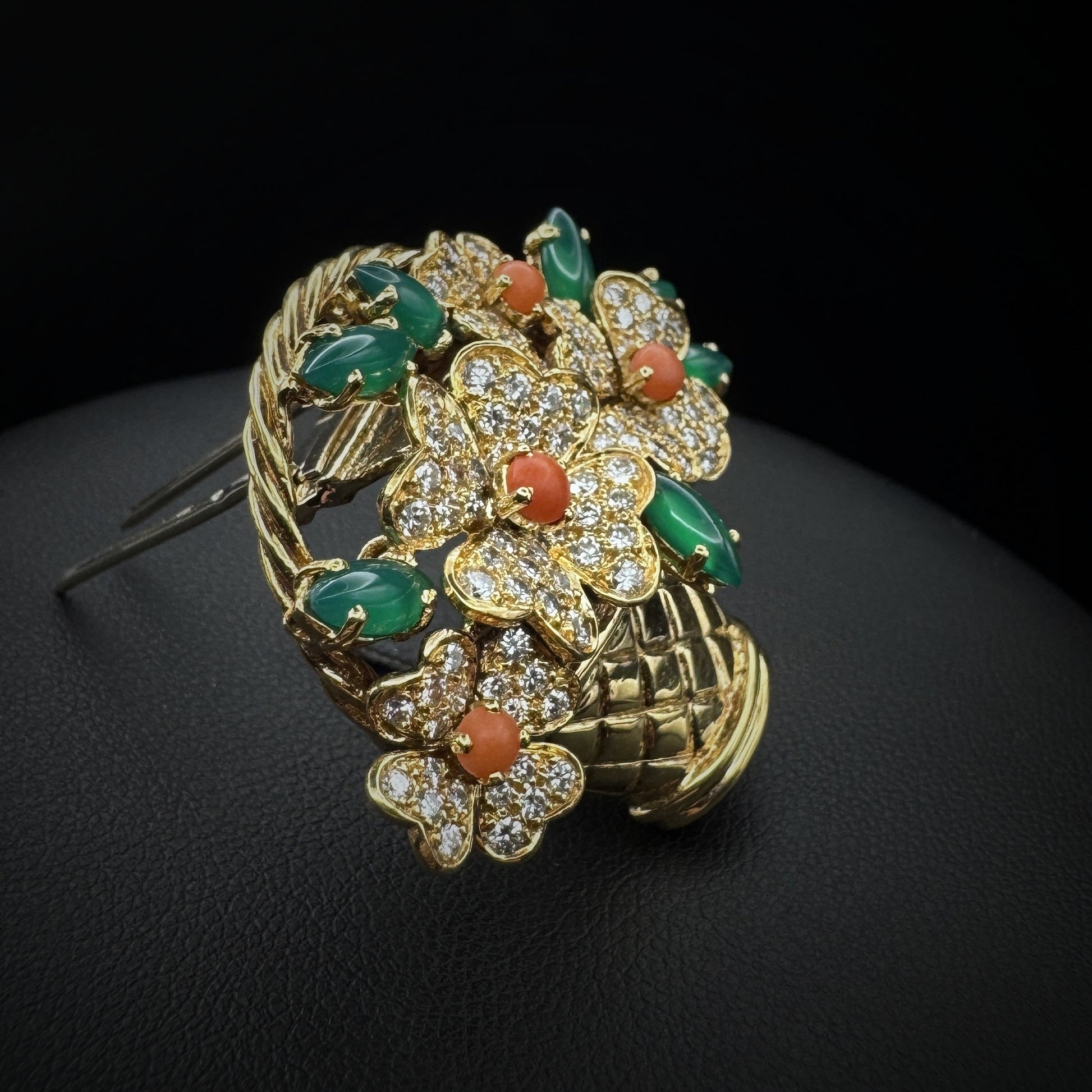 Van Cleef & Arpels 1960s "Fower Basket" Coral/Chrysoprase & Diamonds Brooch