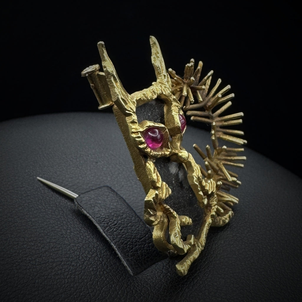 Gübelin "Squirrel" Snowflake Obsidian & Rubies Gold Brooch