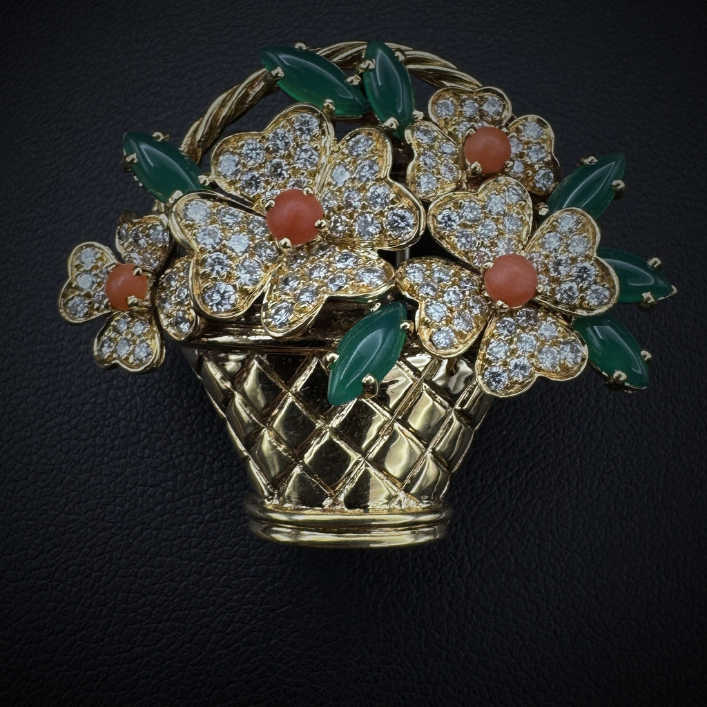 Van Cleef & Arpels 1960s "Fower Basket" Coral/Chrysoprase & Diamonds Brooch