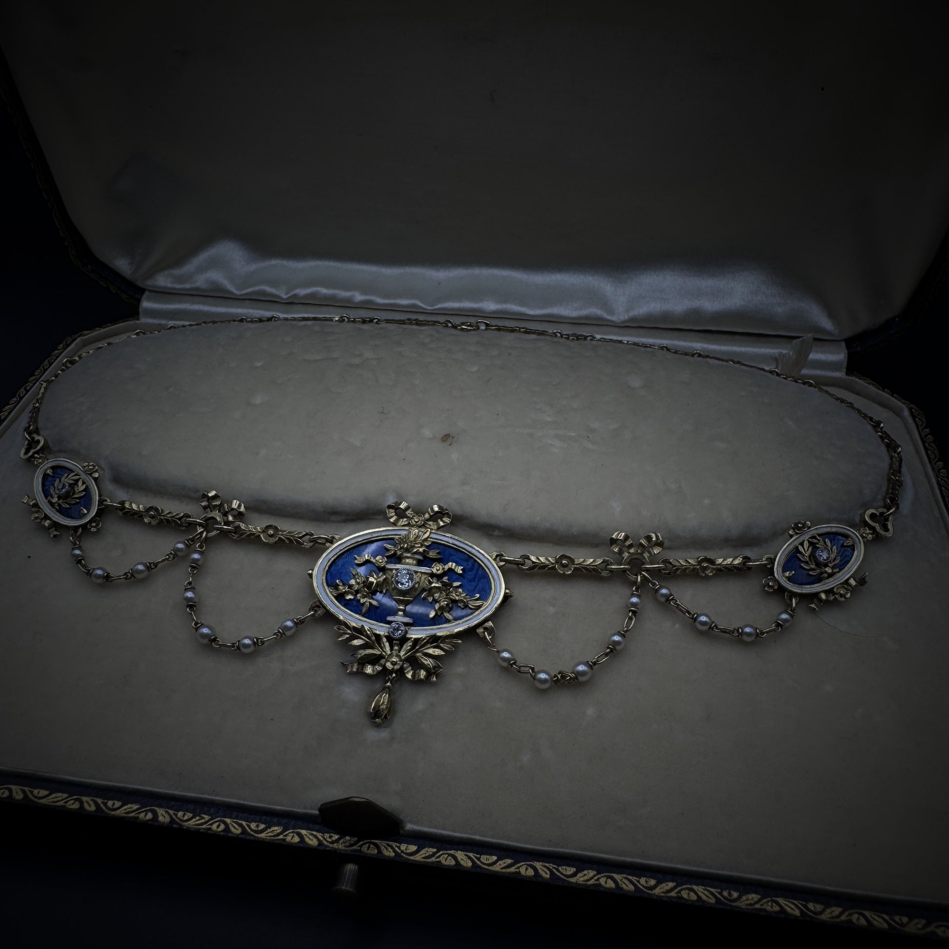 Lucien Gautrait Art Nouveau Enamel/Pearls & Diamonds Necklace