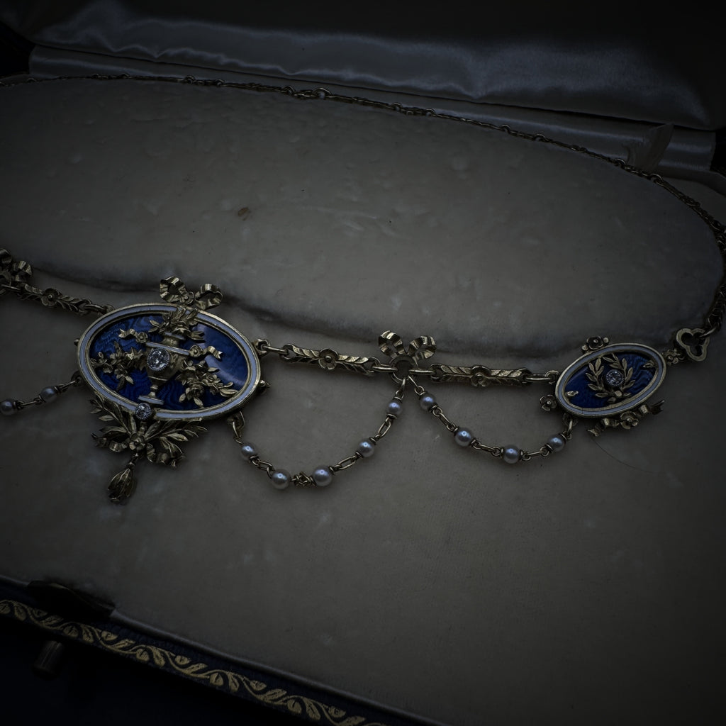 Lucien Gautrait Art Nouveau Enamel/Pearls & Diamonds Necklace
